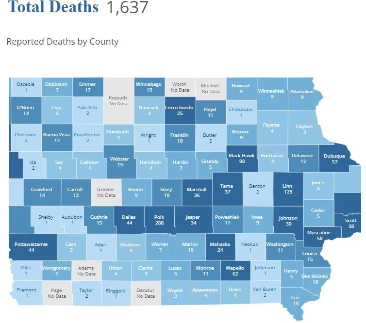 October map of Iowa deaths from COVID-19